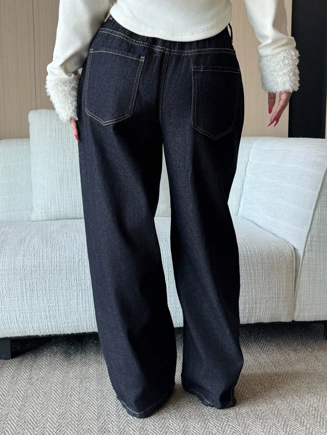 Women's Plus Size Wide-Leg Baggy Jeans - Dark Blue Denim