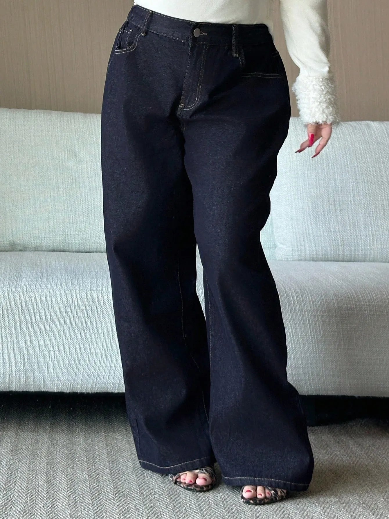Women's Plus Size Wide-Leg Baggy Jeans - Dark Blue Denim