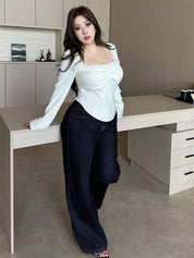 Women's Plus Size Wide-Leg Baggy Jeans - Dark Blue Denim