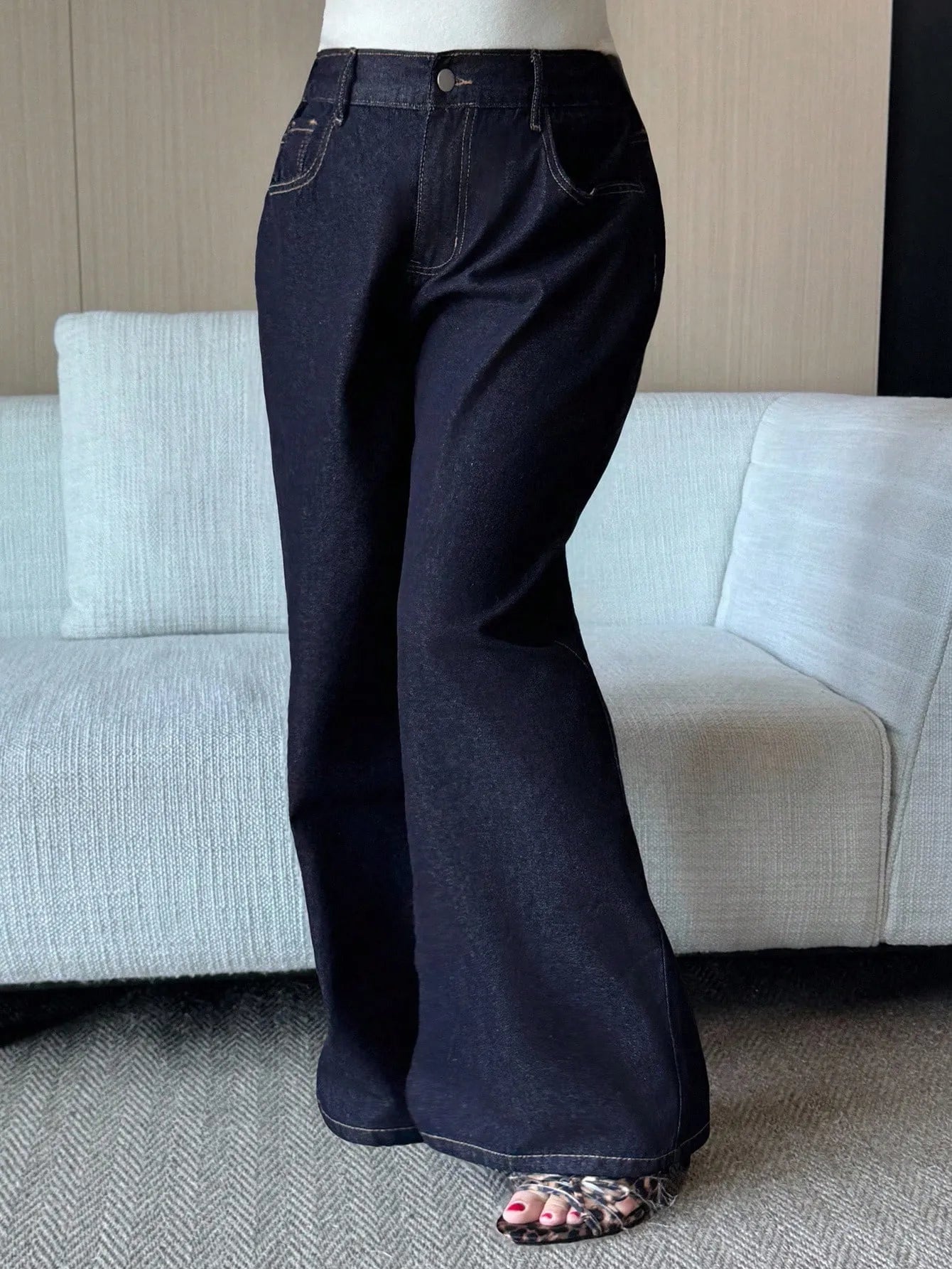 Women's Plus Size Wide-Leg Baggy Jeans - Dark Blue Denim