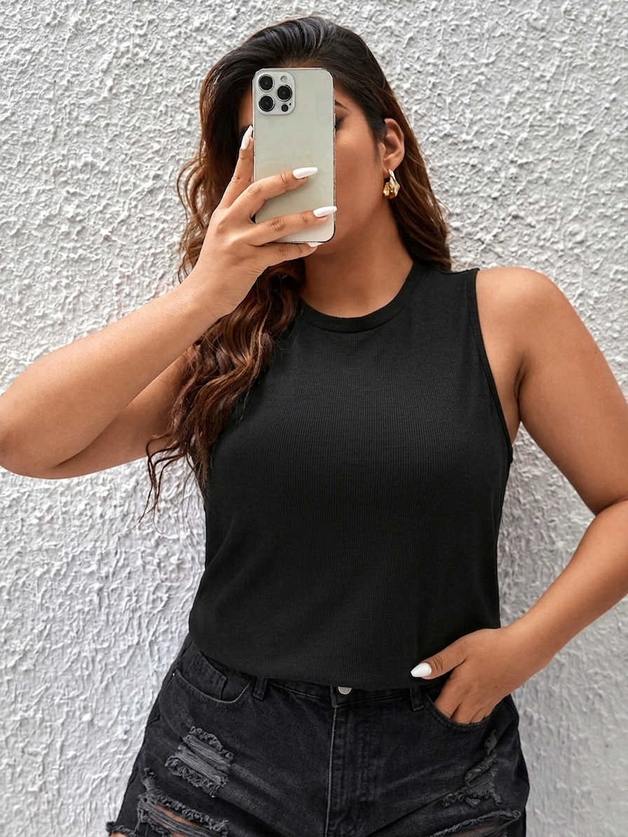 Women's Crew Neck Sleeveless Tank Black Solid Top