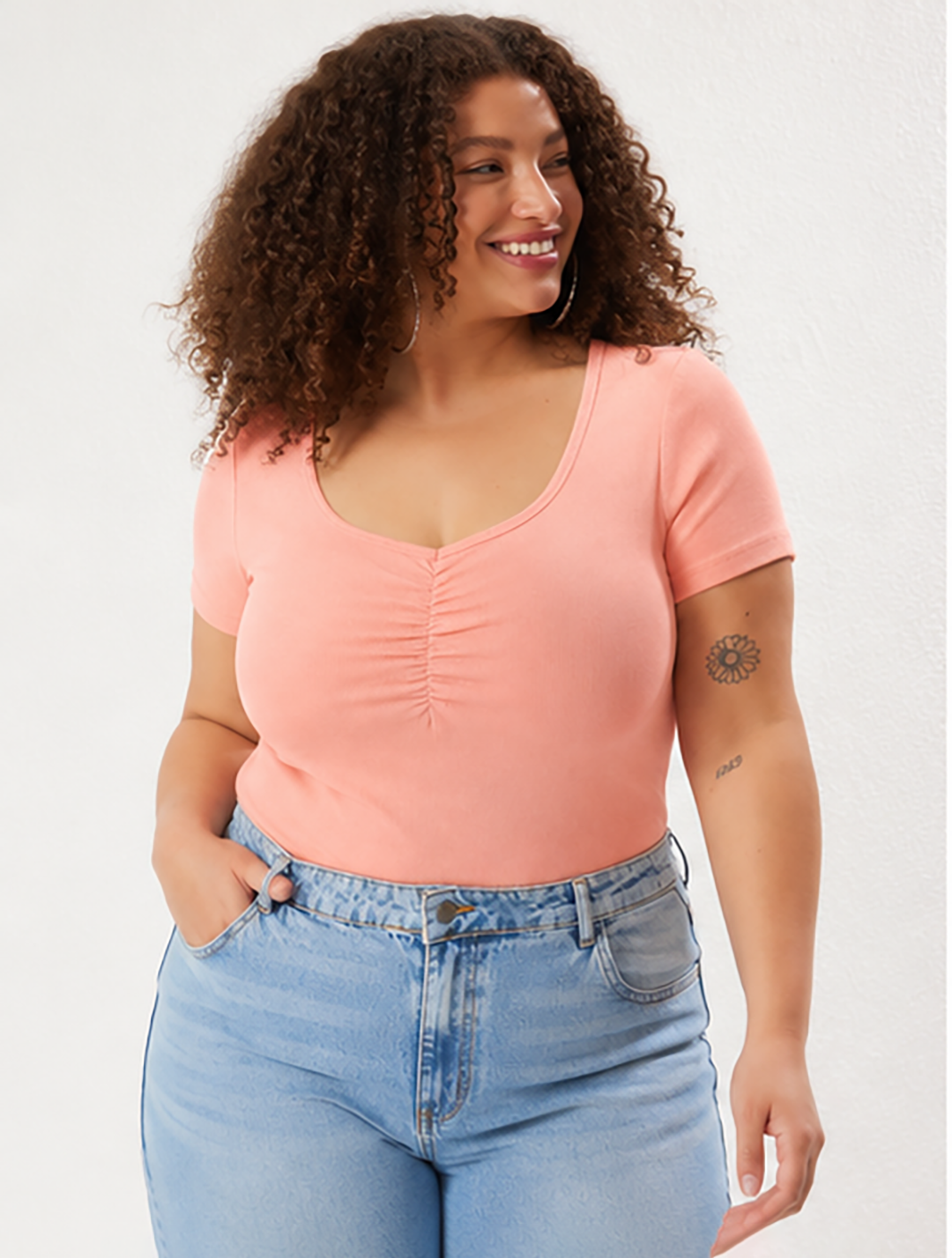 Peach Ruched Plus Size Ribbed Top