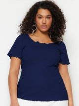 Navy Lettuce Hem Plus Size Ribbed Top