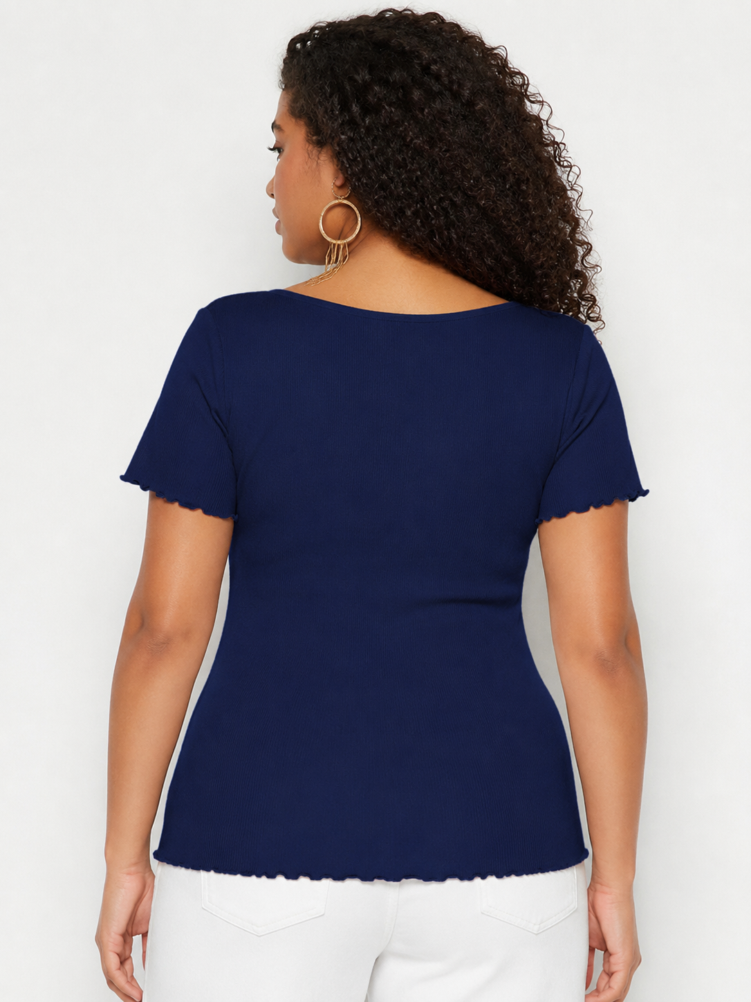 Navy Lettuce Hem Plus Size Ribbed Top