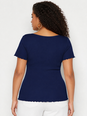 Navy Lettuce Hem Plus Size Ribbed Top