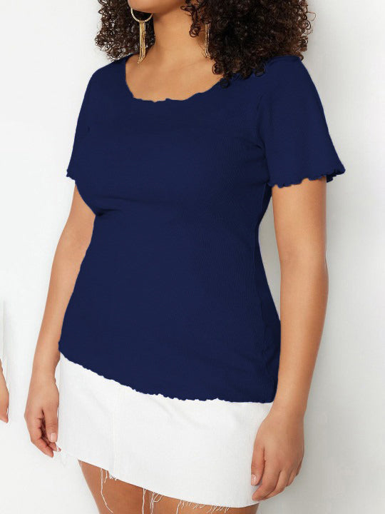 Navy Lettuce Hem Plus Size Ribbed Top