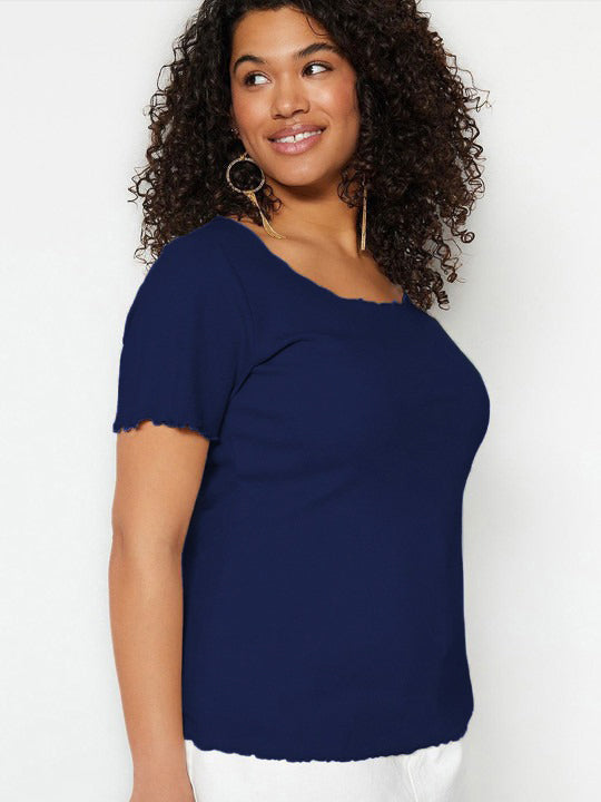 Navy Lettuce Hem Plus Size Ribbed Top