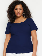 Navy Lettuce Hem Plus Size Ribbed Top