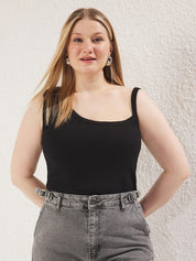 Black Square Neck Plus Size Ribbed Tank