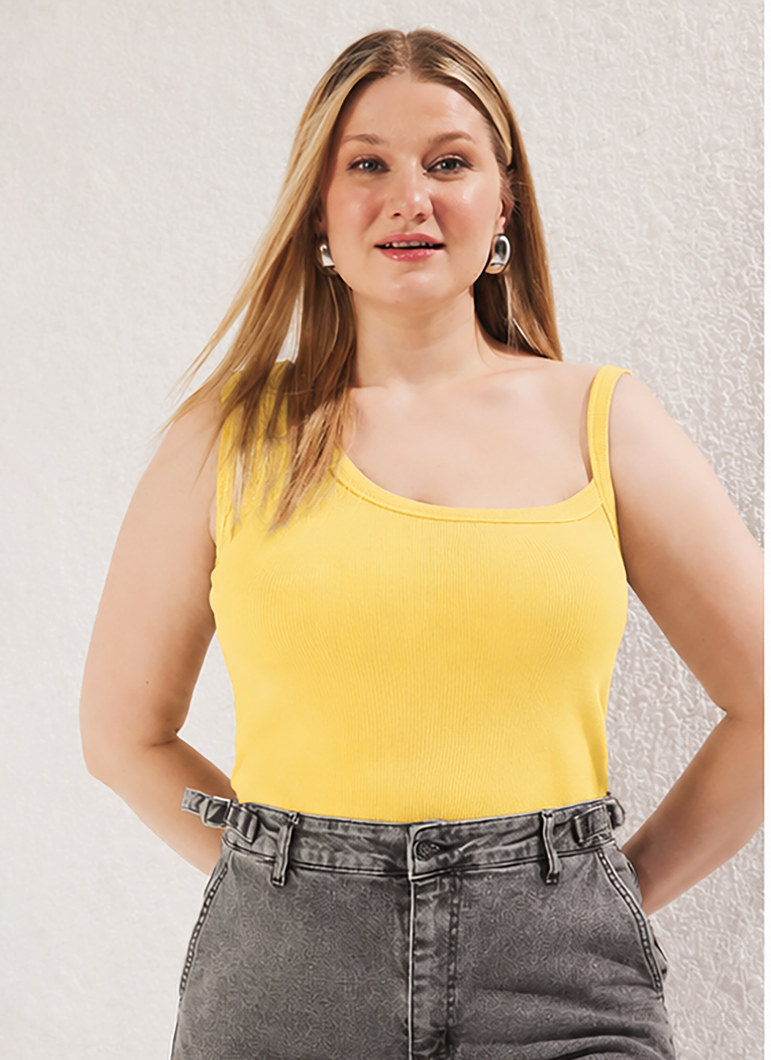Yellow Square Neck Plus Size Rib