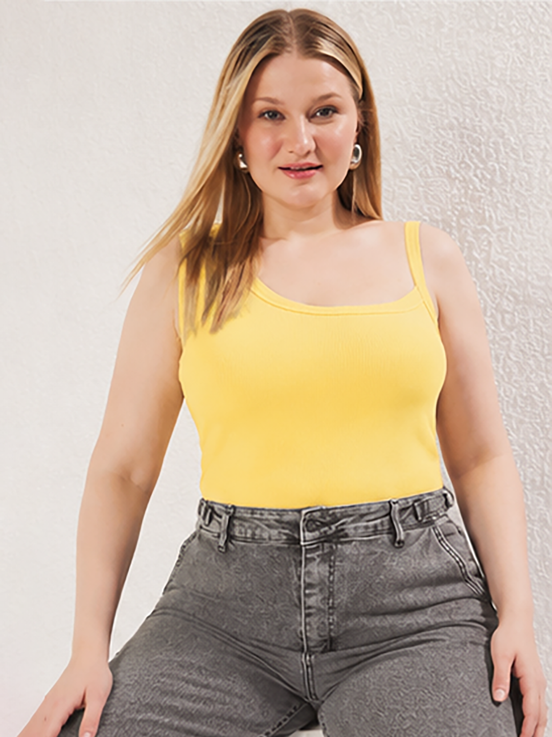 Yellow Square Neck Plus Size Rib