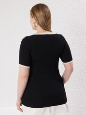 Plus Size Black Contrast Trim Ribbed Knit Top