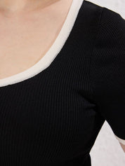 Plus Size Black Contrast Trim Ribbed Knit Top