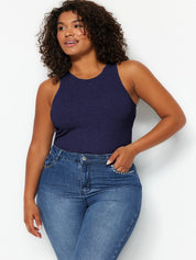 Plus Size Navy Blue Sleeveless High Neck Tank Top