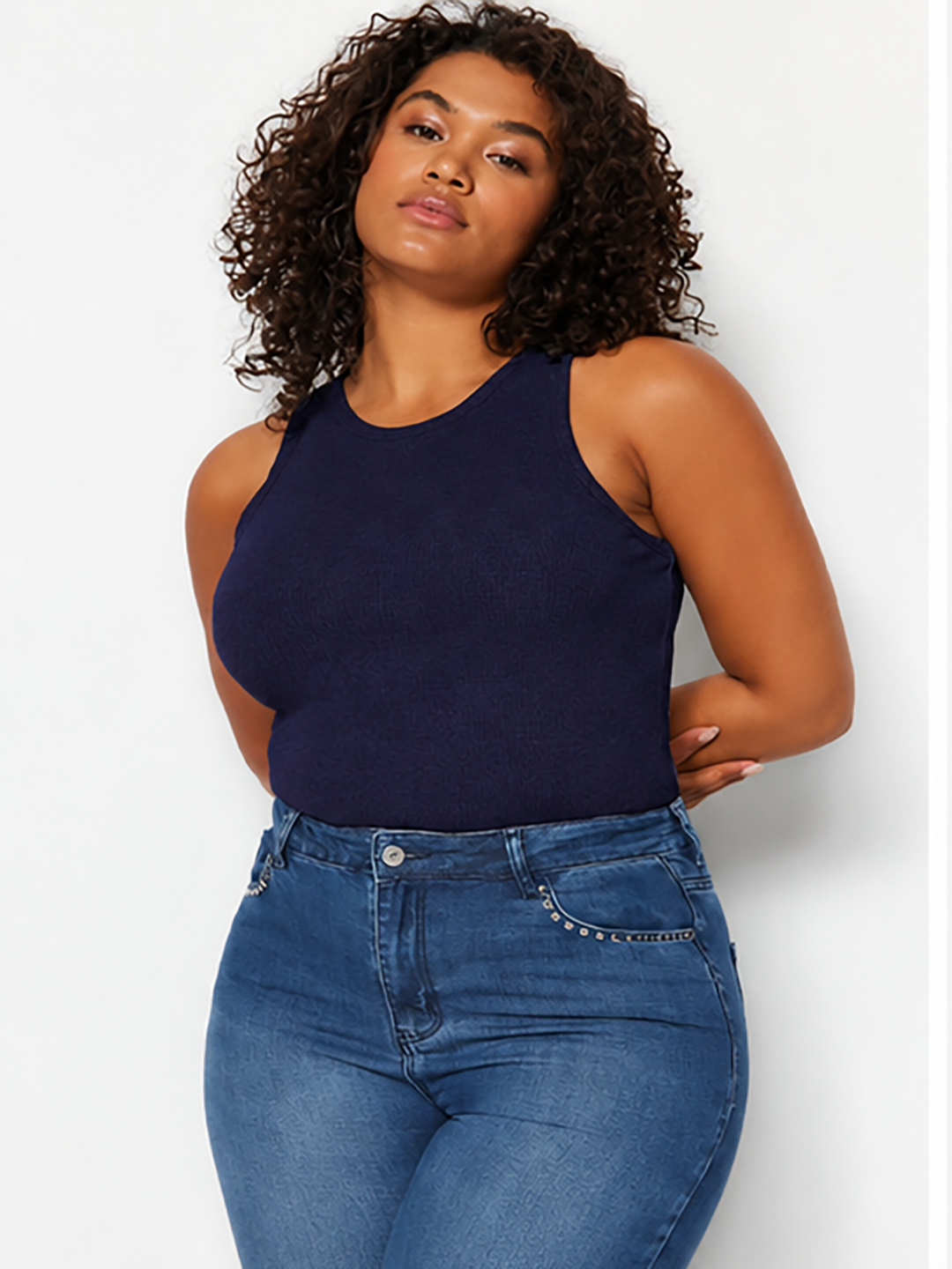 Plus Size Navy Blue Sleeveless High Neck Tank Top