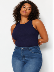 Plus Size Navy Blue Sleeveless High Neck Tank Top