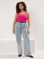 Plus Size Pink Ribbed Square Neck Tank Top