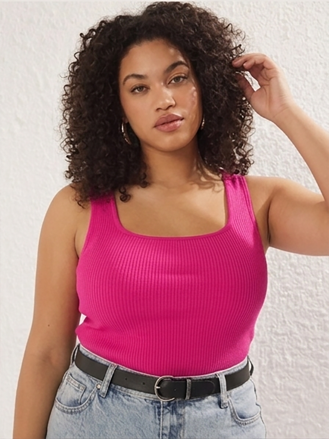 Plus Size Pink Ribbed Square Neck Tank Top