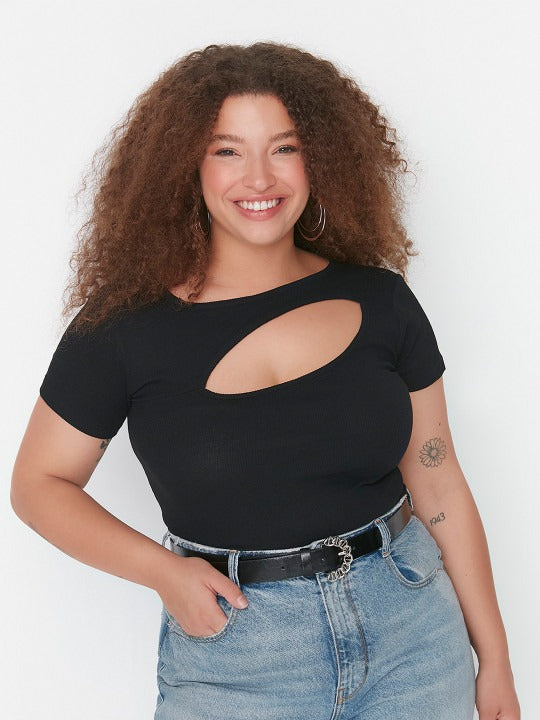 Plus Size Black Cutout Ribbed Casual Fashion Top