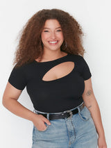 Plus Size Black Cutout Ribbed Casual Fashion Top