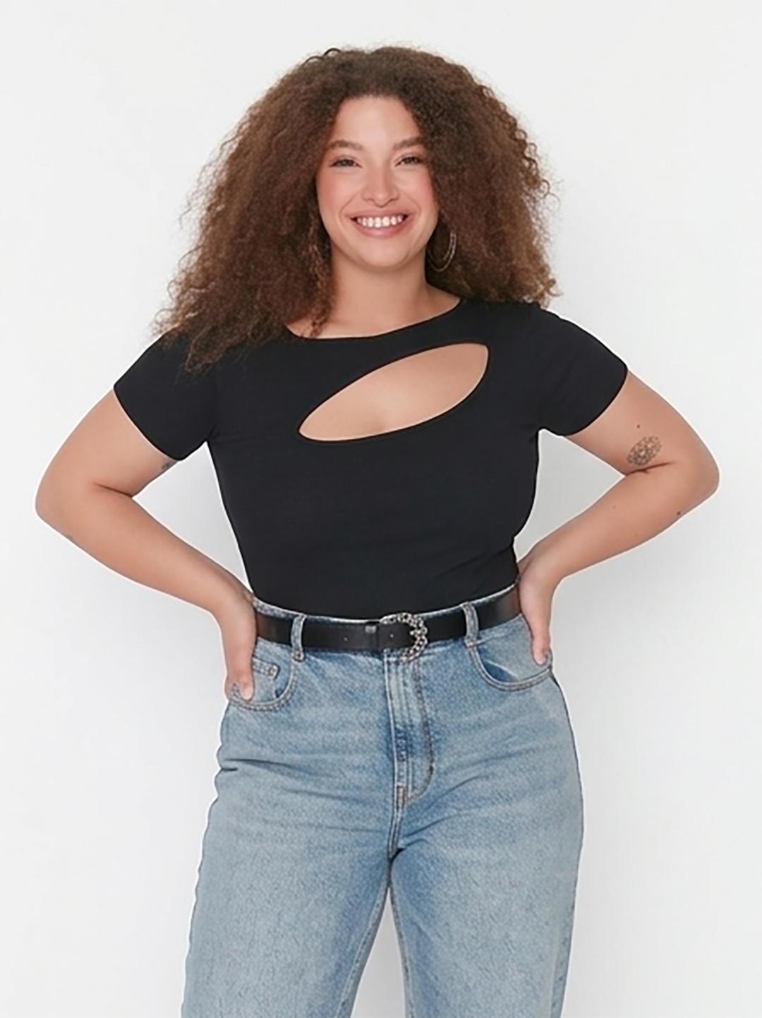 Plus Size Black Cutout Ribbed Casual Fashion Top