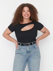 Plus Size Black Cutout Ribbed Casual Fashion Top