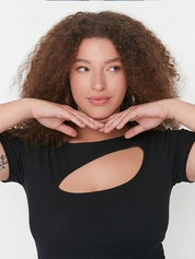 Plus Size Black Cutout Ribbed Casual Fashion Top