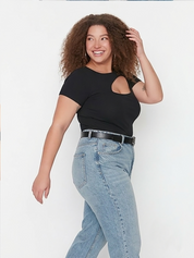 Plus Size Black Cutout Ribbed Casual Fashion Top