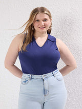 Plus Size Black Sleeveless Collared V Neck Top