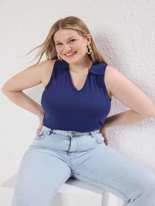 Plus Size Black Sleeveless Collared V Neck Top