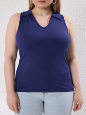 Plus Size Black Sleeveless Collared V Neck Top