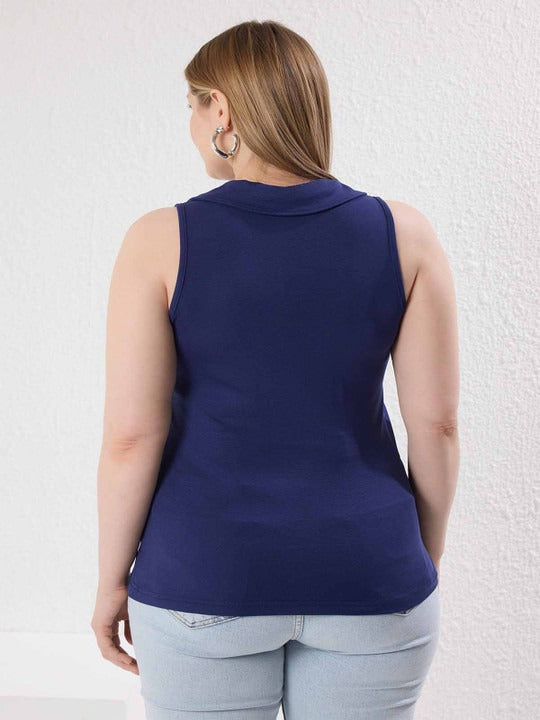 Plus Size Black Sleeveless Collared V Neck Top