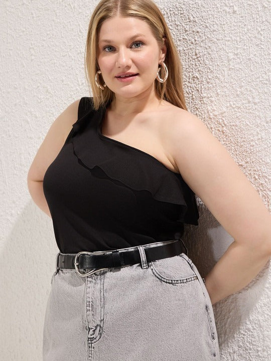 Plus Size Black One Shoulder Ruffle Party Top
