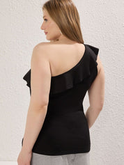 Plus Size Black One Shoulder Ruffle Party Top