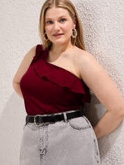 Plus Size Maroon One Shoulder Ruffle Party Top
