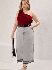 Plus Size Maroon One Shoulder Ruffle Party Top