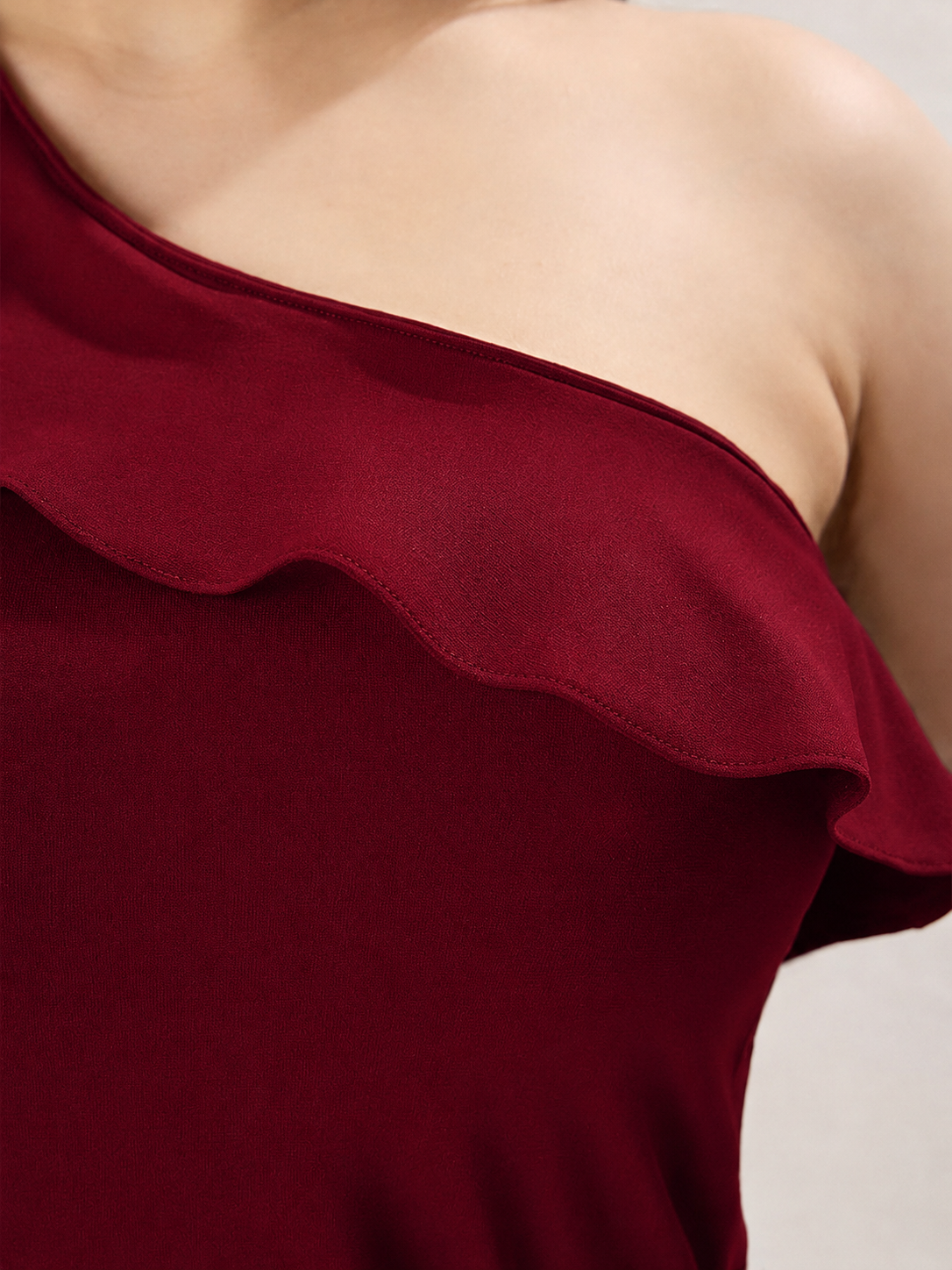 Plus Size Maroon One Shoulder Ruffle Party Top