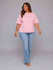 Women's Oversized Pink Crew Neck Casual Cotton T-Shirt