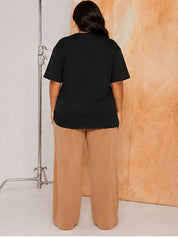 Women's Oversized Black Crew Neck Cotton Casual T-Shirt