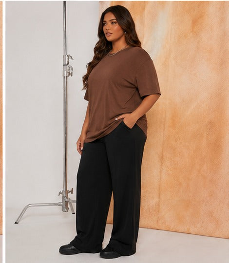Women's Oversized Brown Crew Neck Cotton Casual T-Shirt
