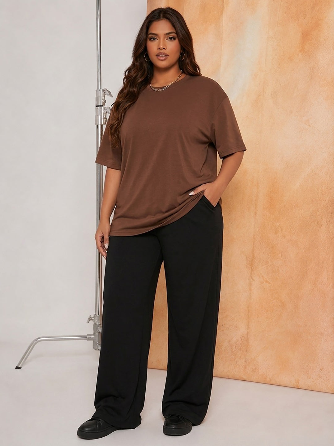 Women's Oversized Brown Crew Neck Cotton Casual T-Shirt