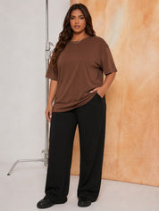 Women's Oversized Brown Crew Neck Cotton Casual T-Shirt
