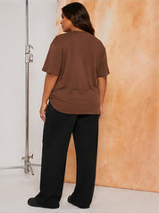 Women's Oversized Brown Crew Neck Cotton Casual T-Shirt