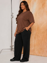 Women's Oversized Brown Crew Neck Cotton Casual T-Shirt