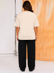 Women's Oversized Light Cream Crew Neck Cotton Casual T-Shirt