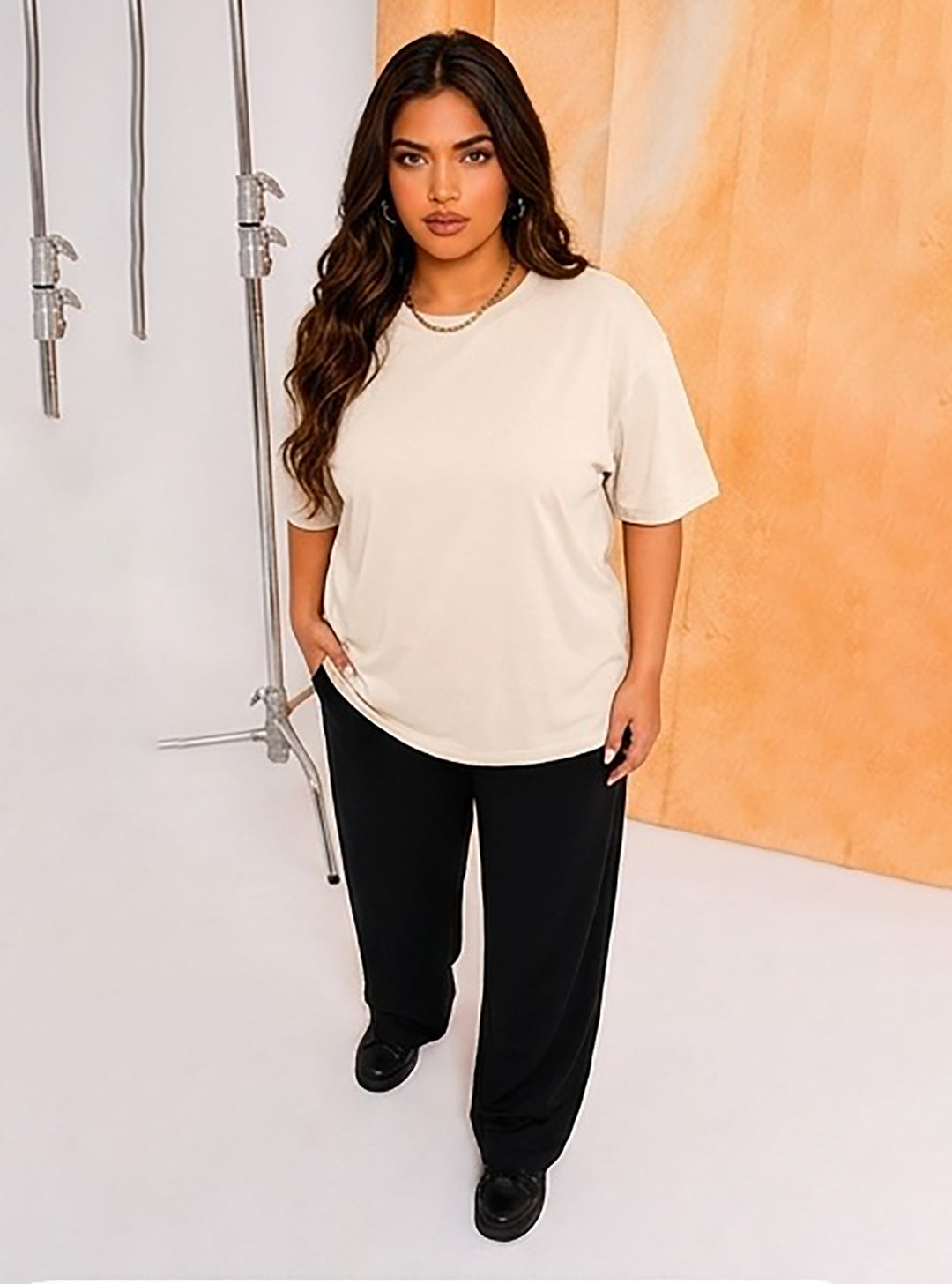 Women's Oversized Light Cream Crew Neck Cotton Casual T-Shirt