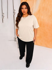 Women's Oversized Light Cream Crew Neck Cotton Casual T-Shirt