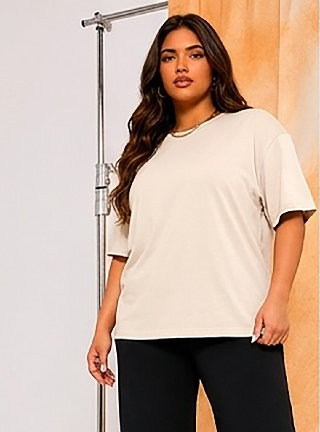 Women's Oversized Light Cream Crew Neck Cotton Casual T-Shirt