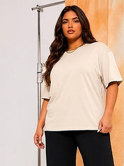 Women's Oversized Light Cream Crew Neck Cotton Casual T-Shirt