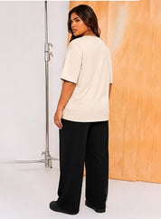 Women's Oversized Light Cream Crew Neck Cotton Casual T-Shirt